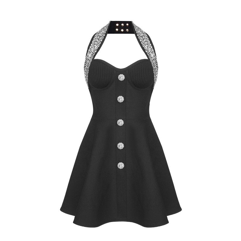 Black Halter Beaded Button Mini Dress H6204