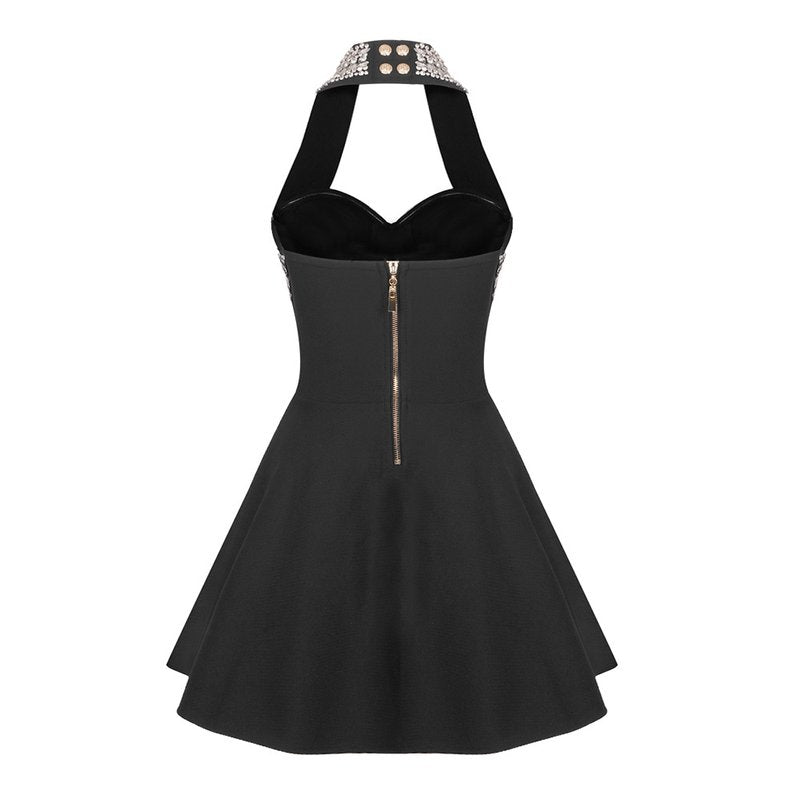 Black Halter Beaded Button Mini Dress H6204