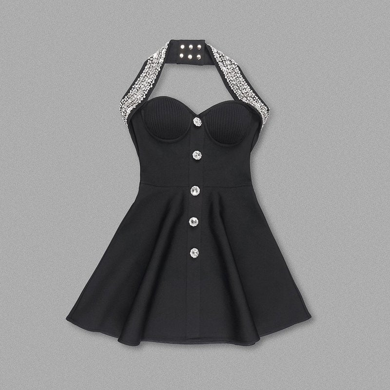 Black Halter Beaded Button Mini Dress H6204