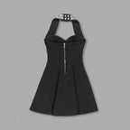 Black Halter Beaded Button Mini Dress H6204