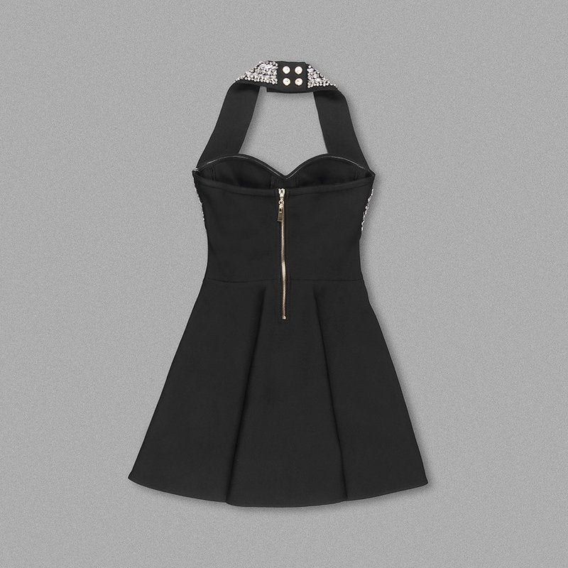 Black Halter Beaded Button Mini Dress H6204