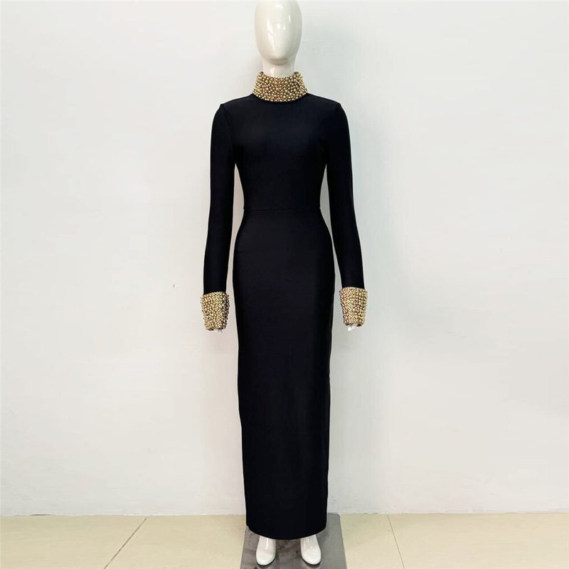 Black High Neck Beaded Sleeve Dress H6526