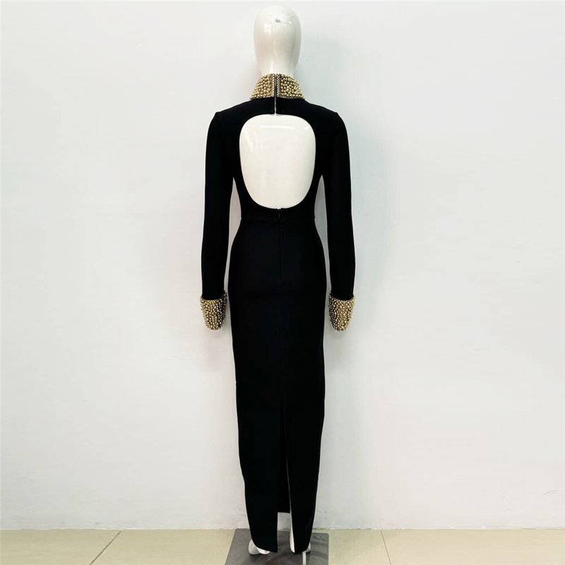 Black High Neck Beaded Sleeve Dress H6526