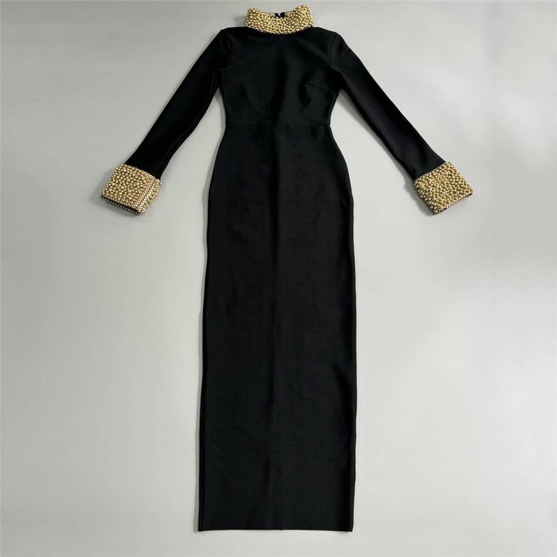 Black High Neck Beaded Sleeve Dress H6526