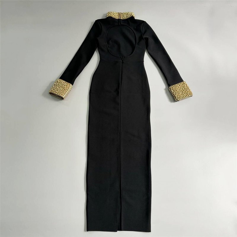 Black High Neck Beaded Sleeve Dress H6526