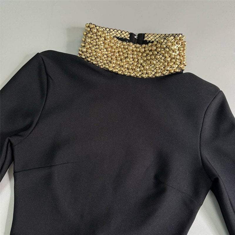 Black High Neck Beaded Sleeve Dress H6526