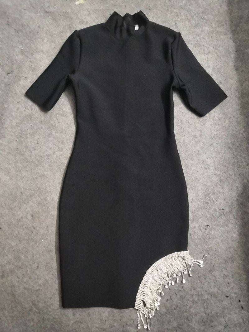 Black High Neck Fringe Hem Dress H3727