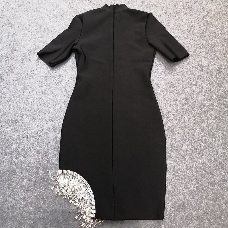 Black High Neck Fringe Hem Dress H3727