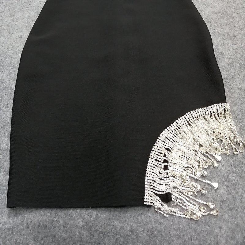 Black High Neck Fringe Hem Dress H3727