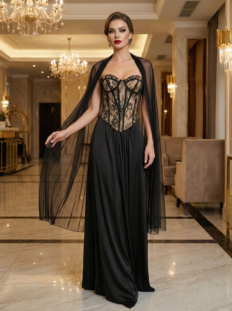 Black Lace Corset Gown with Cape H7121