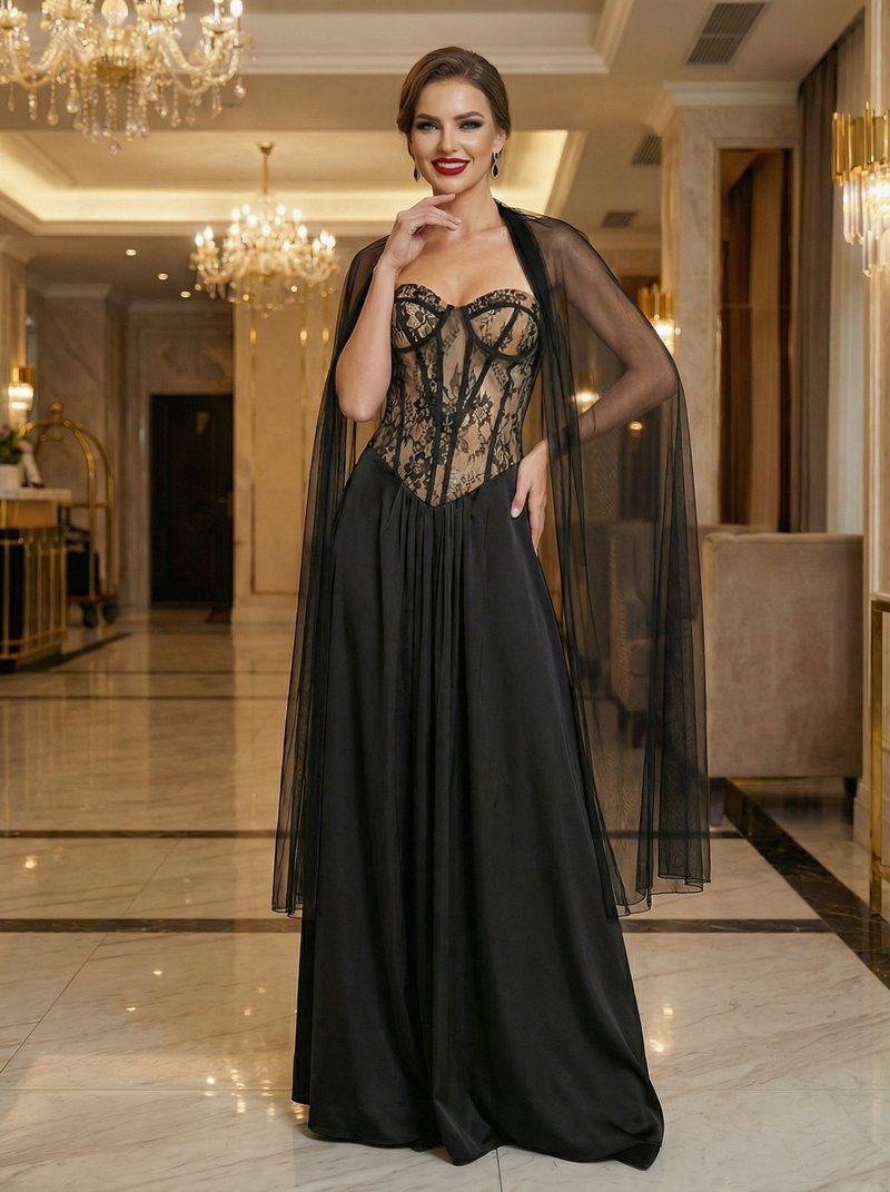 Black Lace Corset Gown with Cape H7121