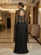 Black Lace Corset Gown with Cape H7121