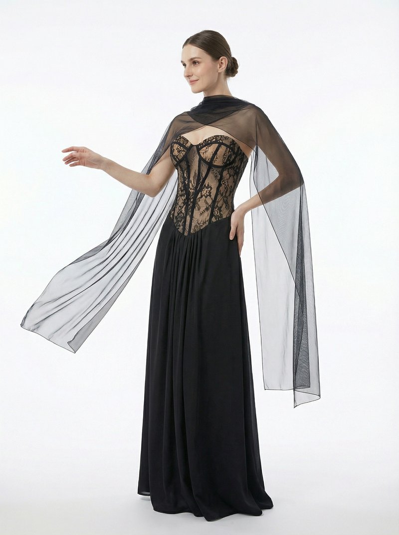 Black Lace Corset Gown with Cape H7121