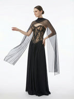 Black Lace Corset Gown with Cape H7121