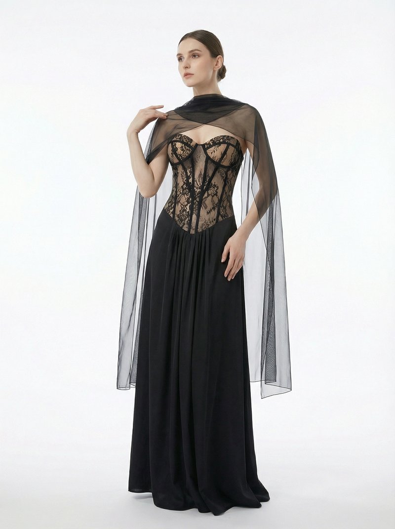 Black Lace Corset Gown with Cape H7121