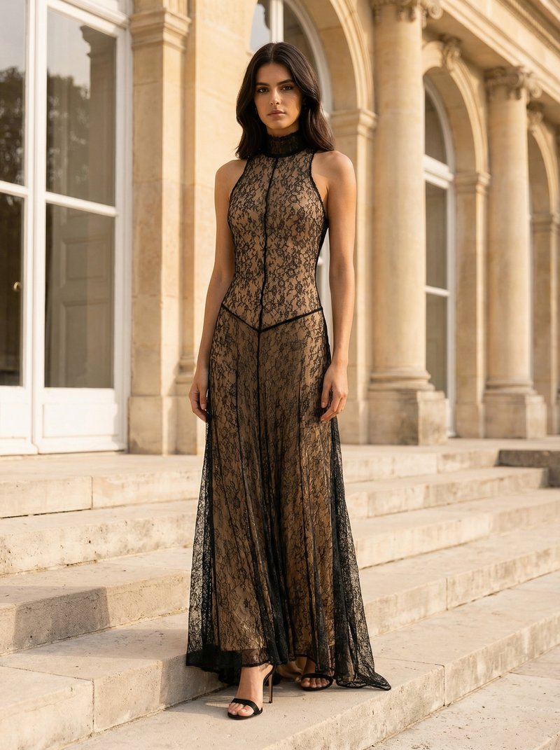 Black Lace Halter Maxi Dress H7089