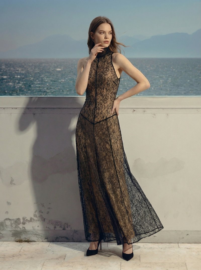 Black Lace Halter Maxi Dress H7089