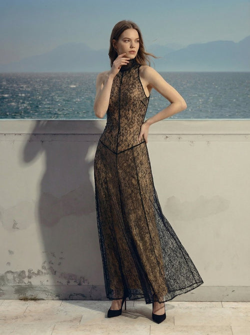 Black Lace Halter Maxi Dress H7089