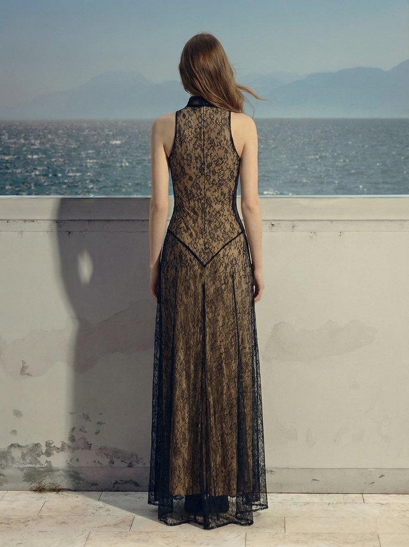 Black Lace Halter Maxi Dress H7089