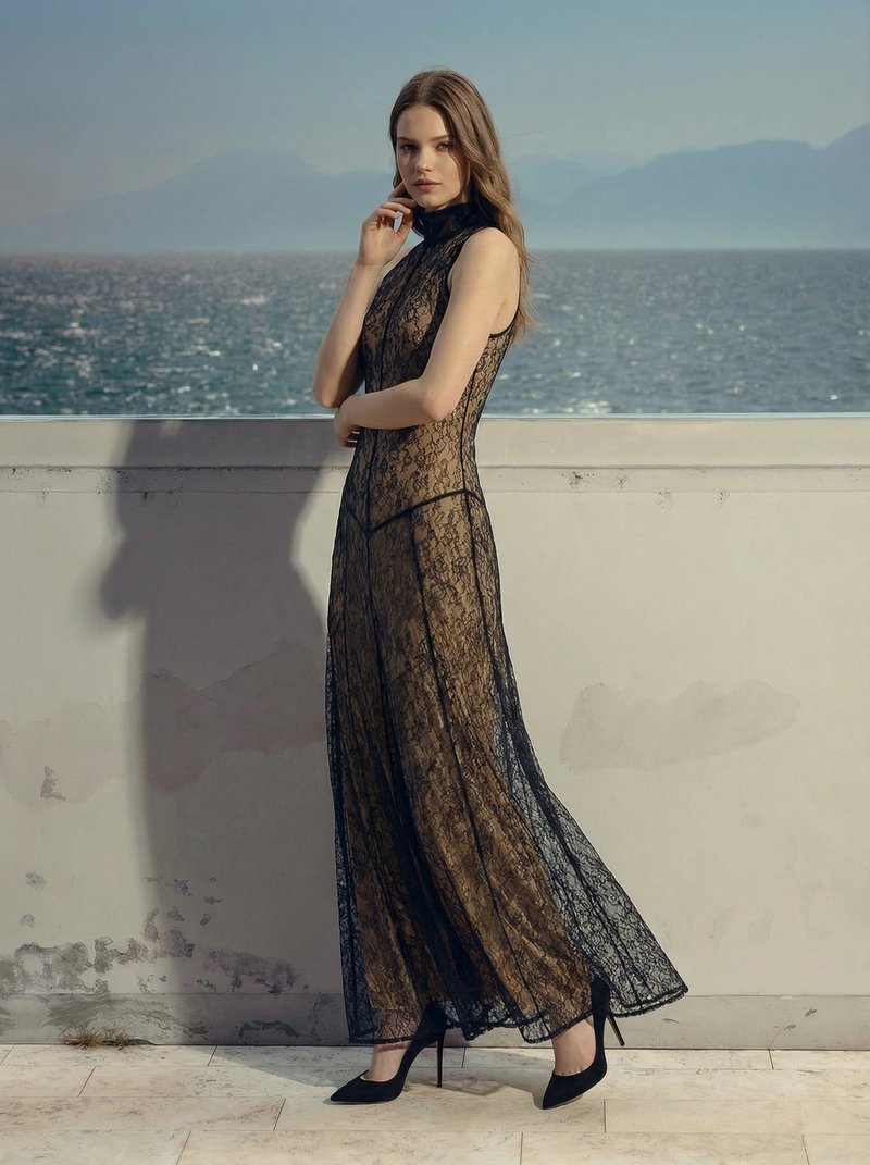 Black Lace Halter Maxi Dress H7089