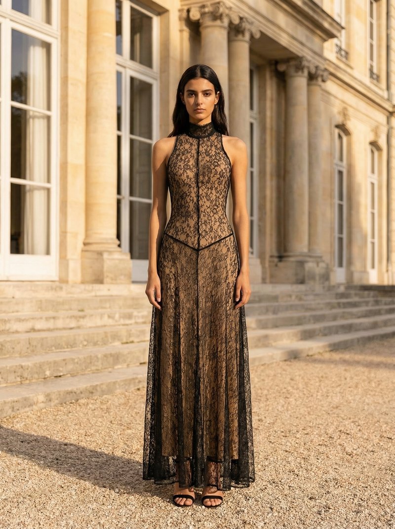Black Lace Halter Maxi Dress H7089
