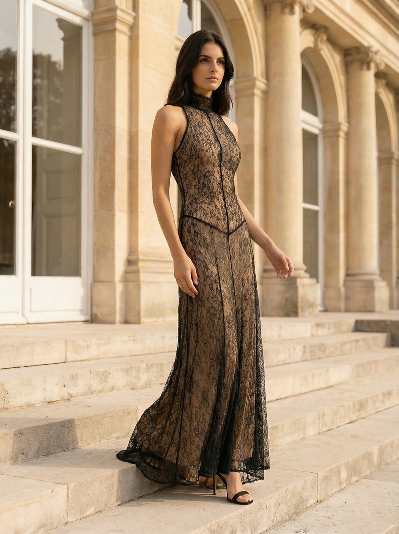 Black Lace Halter Maxi Dress H7089