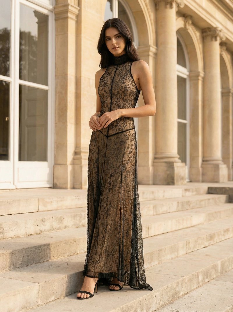 Black Lace Halter Maxi Dress H7089