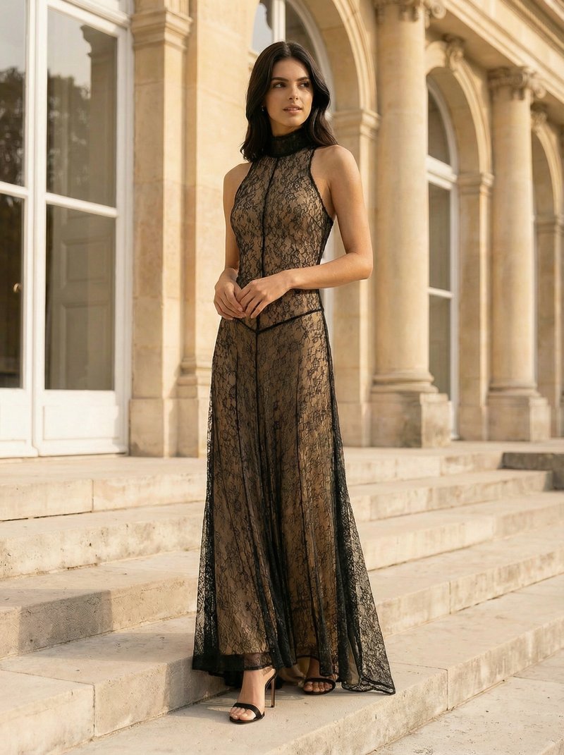 Black Lace Halter Maxi Dress H7089