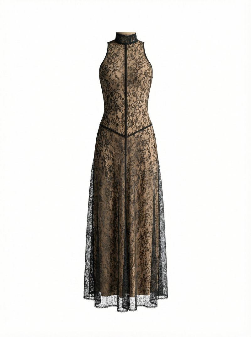 Black Lace Halter Maxi Dress H7089