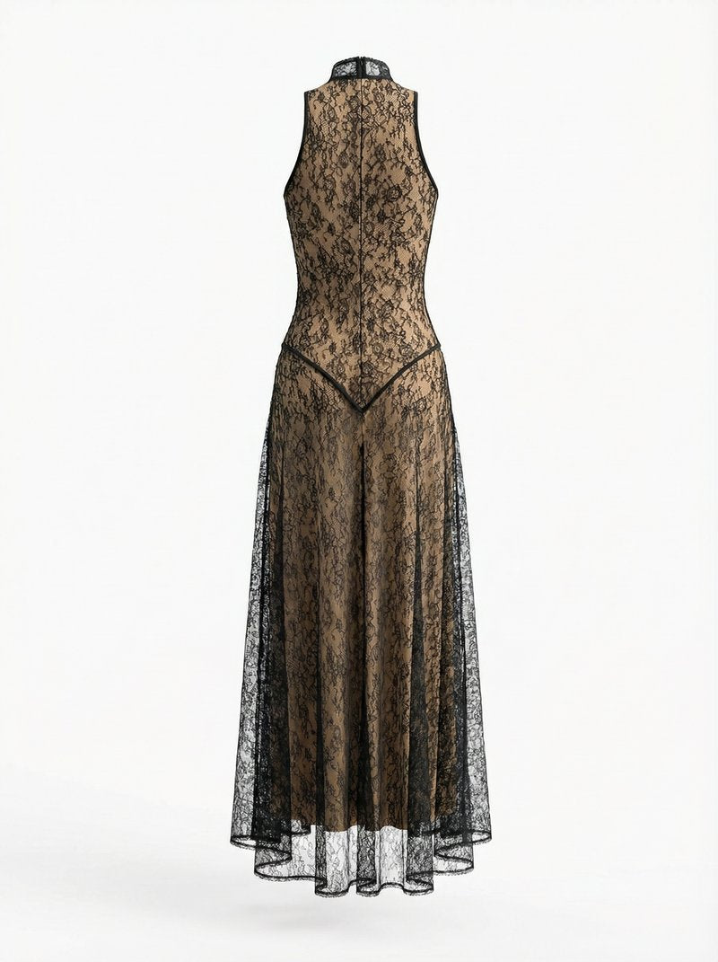 Black Lace Halter Maxi Dress H7089