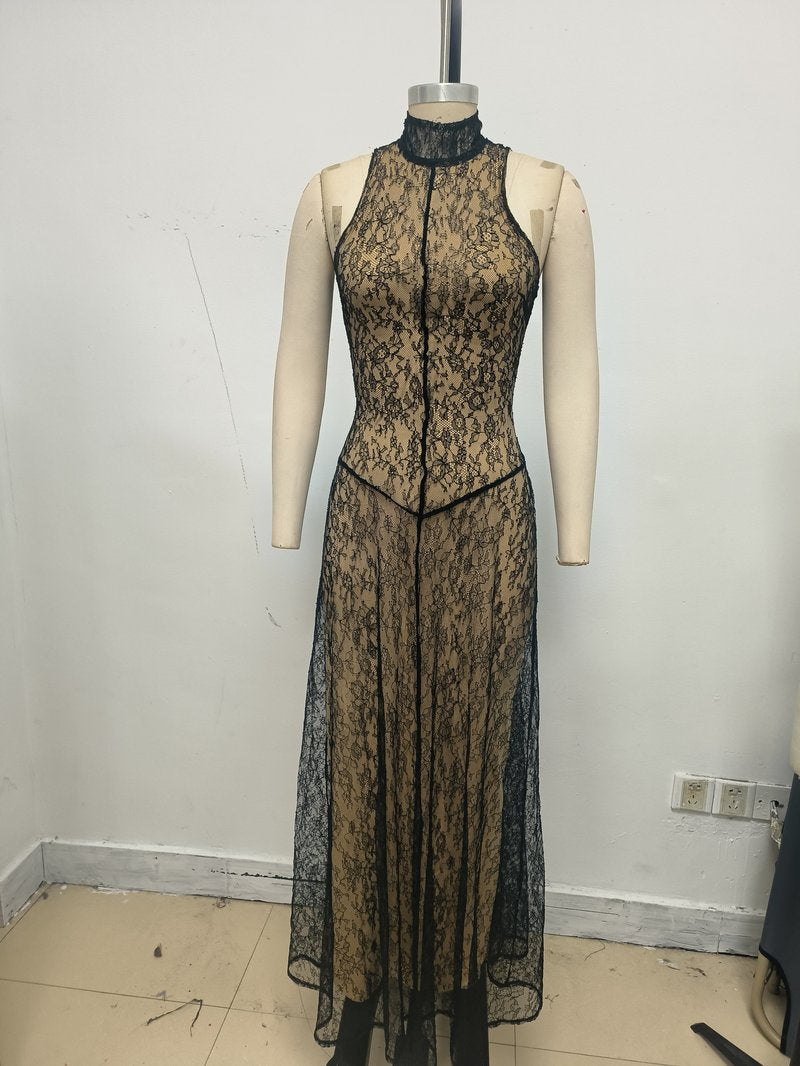 Black Lace Halter Maxi Dress H7089