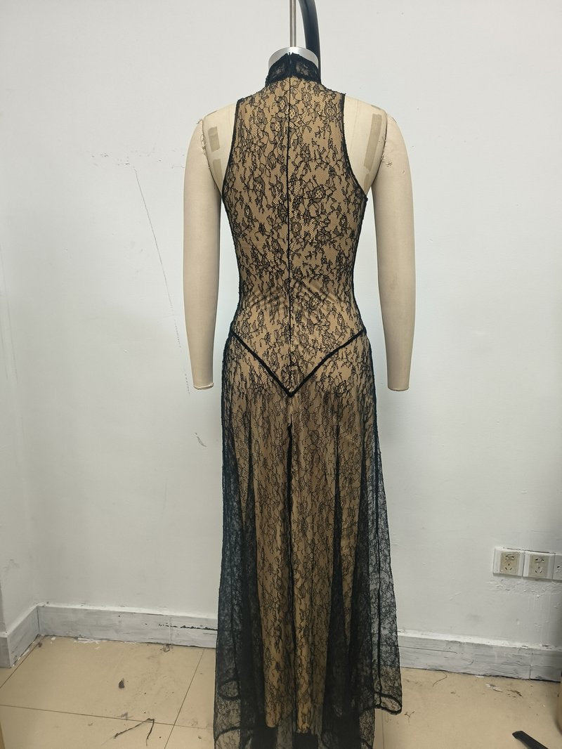 Black Lace Halter Maxi Dress H7089