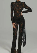 Black Lace Long Sleeve Bodysuit Set H6662