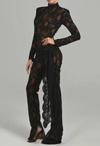 Black Lace Long Sleeve Bodysuit Set H6662