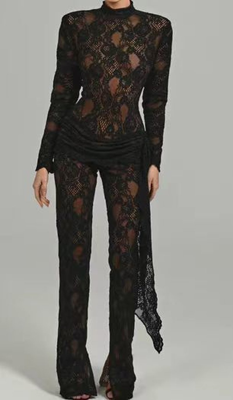 Black Lace Long Sleeve Bodysuit Set H6662