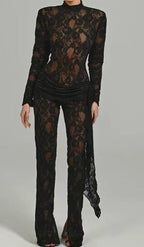 Black Lace Long Sleeve Bodysuit Set H6662