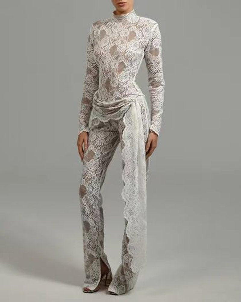 Black Lace Long Sleeve Bodysuit Set H6662