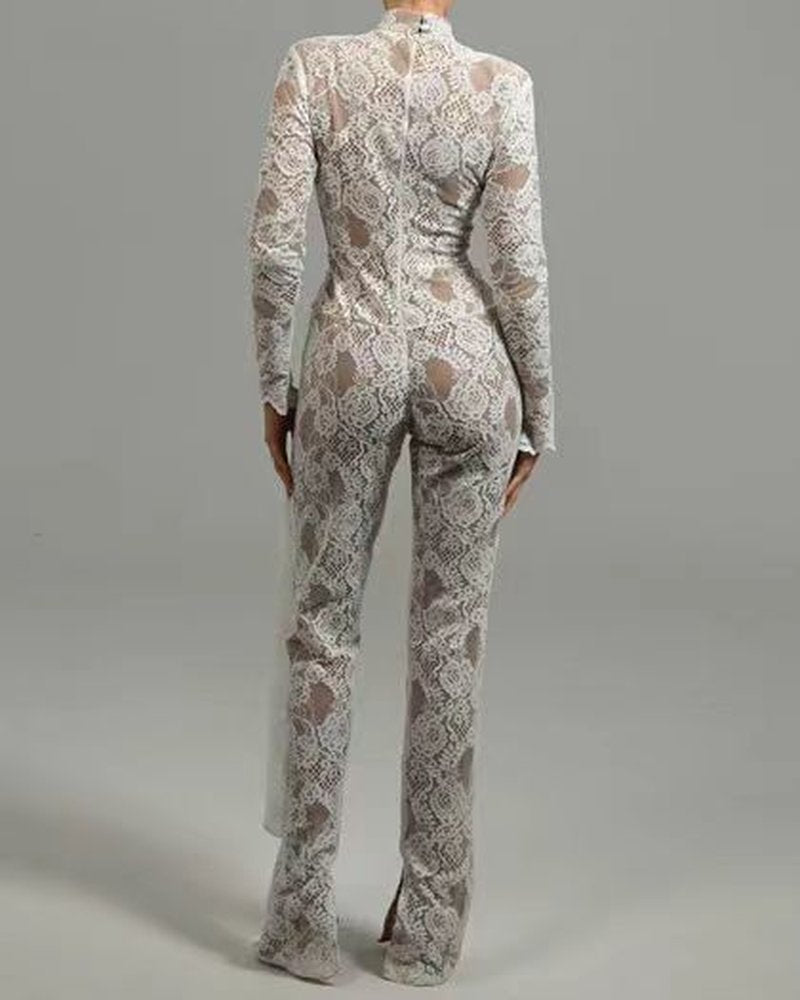 Black Lace Long Sleeve Bodysuit Set H6662