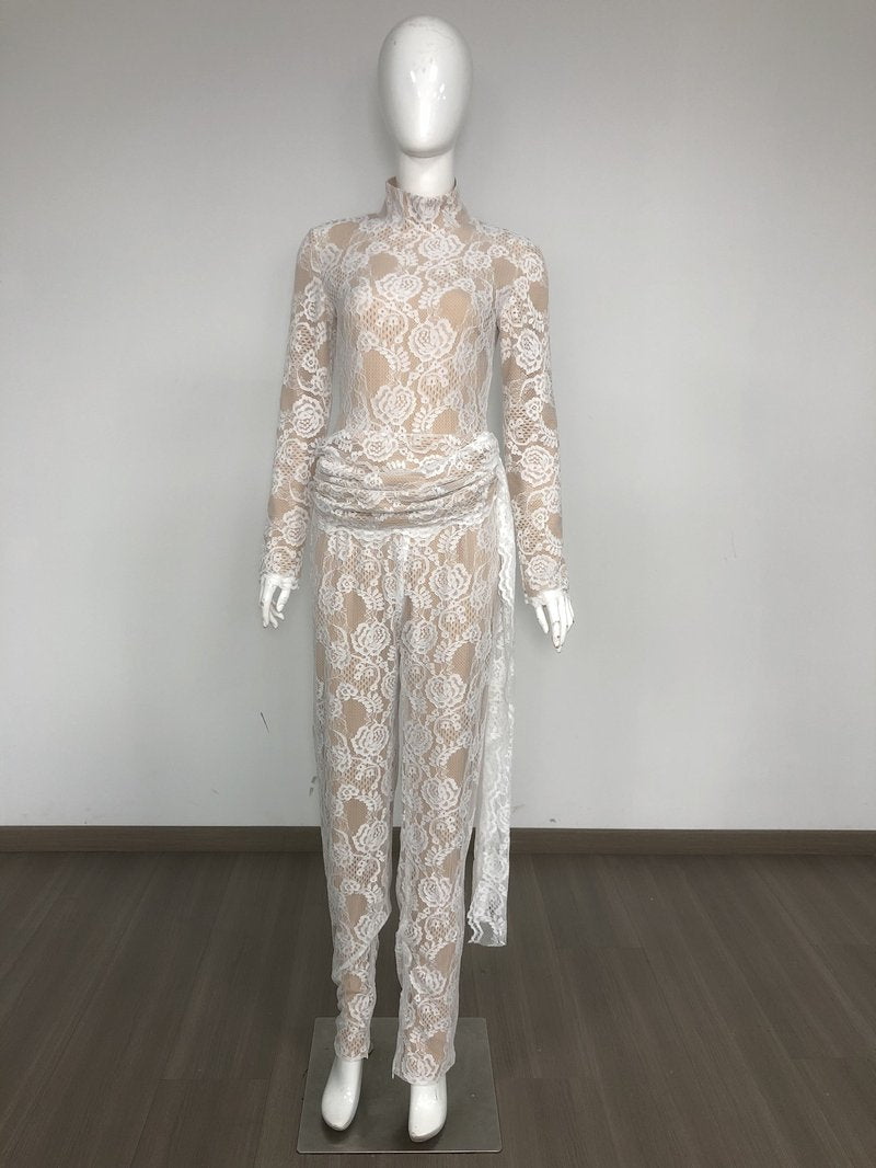 Black Lace Long Sleeve Bodysuit Set H6662