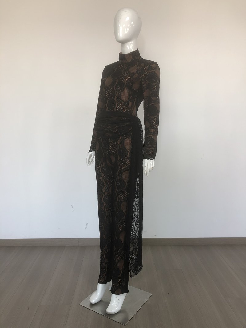 Black Lace Long Sleeve Bodysuit Set H6662