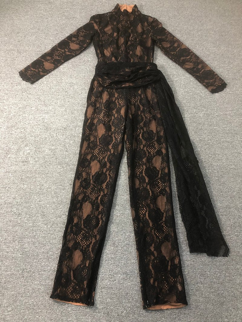 Black Lace Long Sleeve Bodysuit Set H6662