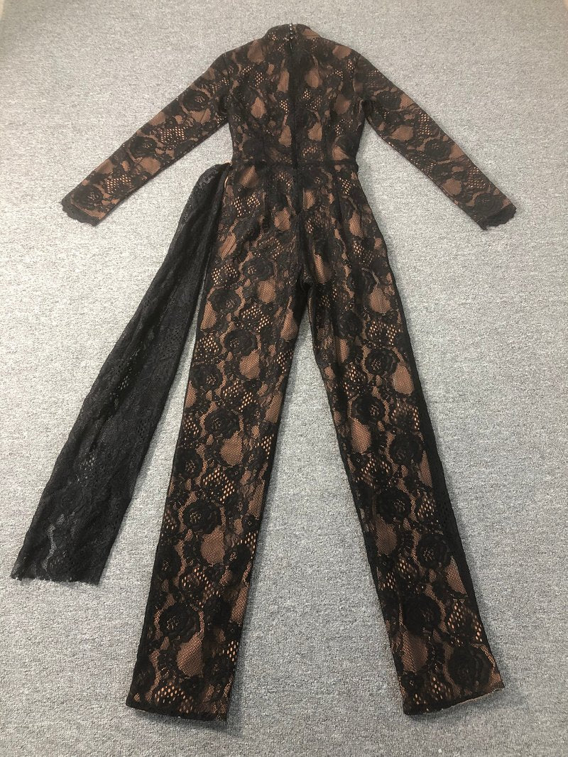 Black Lace Long Sleeve Bodysuit Set H6662