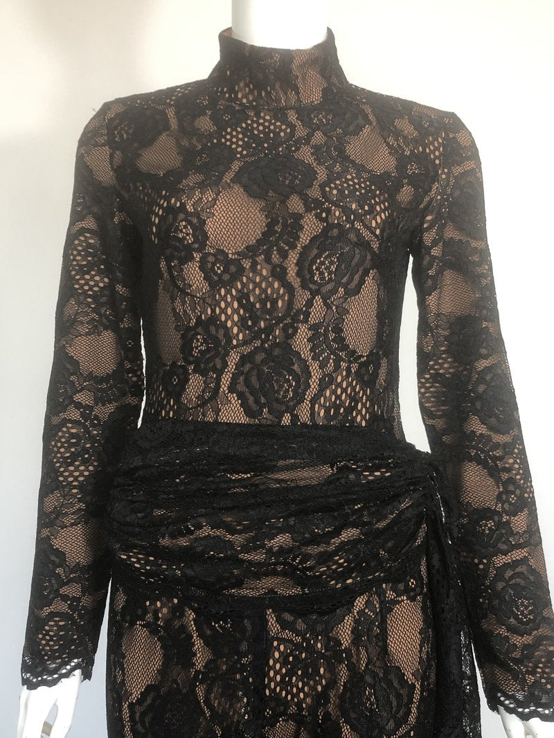 Black Lace Long Sleeve Bodysuit Set H6662