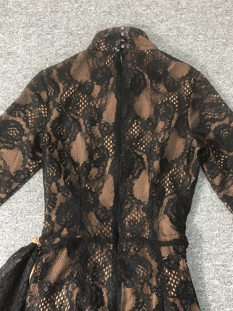 Black Lace Long Sleeve Bodysuit Set H6662