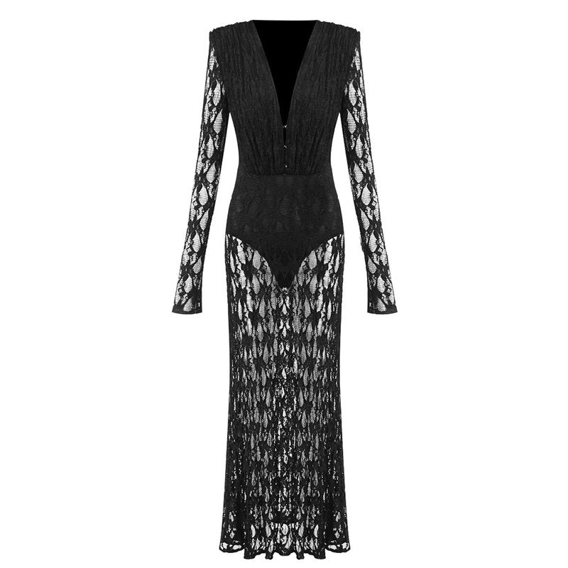 Black Lace Long Sleeve Maxi Dress H7036