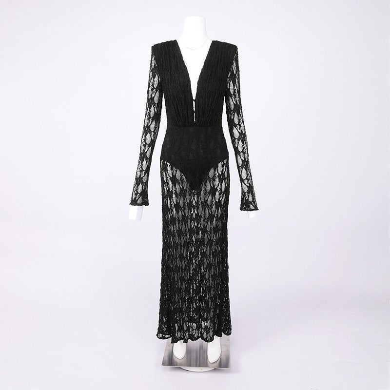 Black Lace Long Sleeve Maxi Dress H7036