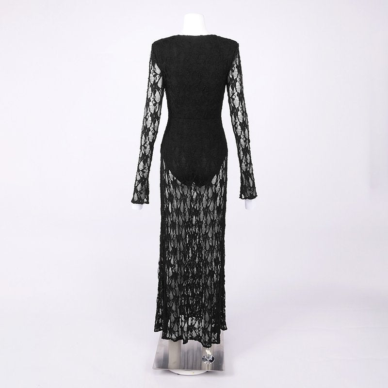Black Lace Long Sleeve Maxi Dress H7036