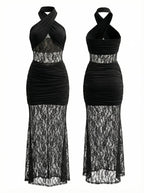 Black Lace Panel Halter Maxi Dress H7086