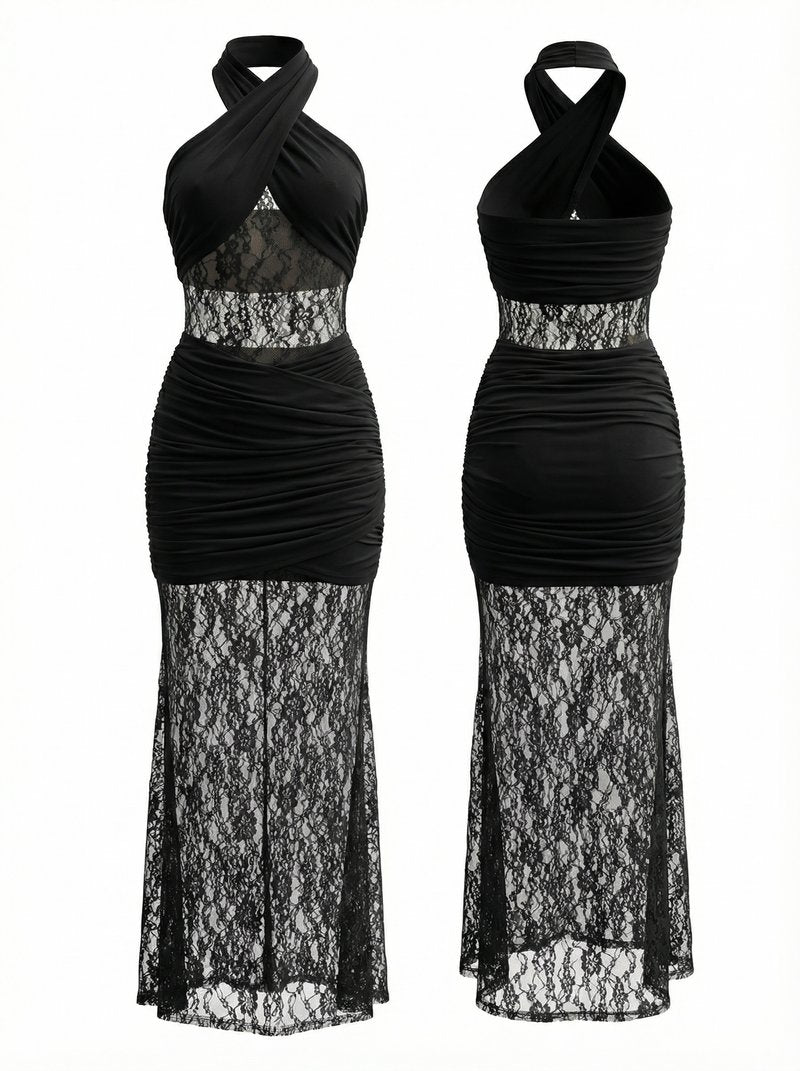 Black Lace Panel Halter Maxi Dress H7086