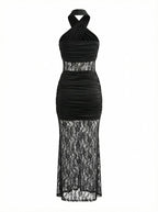 Black Lace Panel Halter Maxi Dress H7086